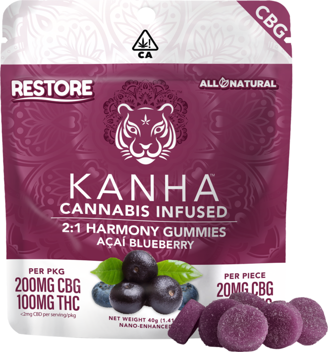 Introducing Kanha 2:1 CBG Harmony Restore Gummies – a potent blend of 200mg CBG and 100mg THC per bag.