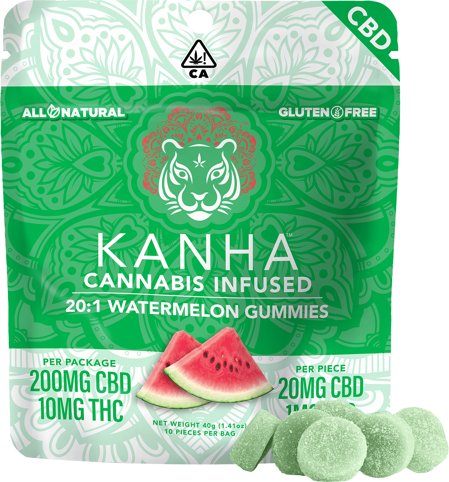 Kanha 20:1 CBD Watermelon Gummies 200mg CBD x 10mg THC per bag